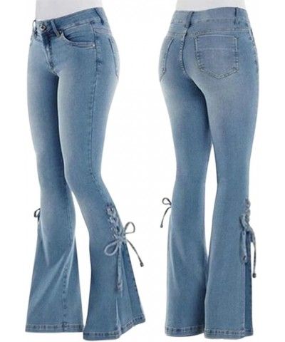 Bootcut Jeans Women's Mid-Waist Butt-Lifting Stretch Skinny Denim Pants Pocket Solid Lace Up Flared Trousers Light Blue $12.1...