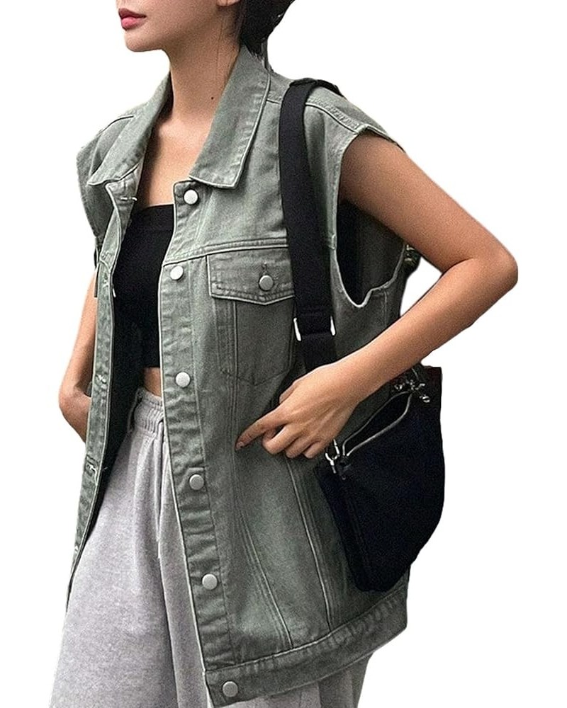 Women's Casual Flap Pocket Cap Sleeve Button Front Denim Vest Jacket Green $20.24 Vests