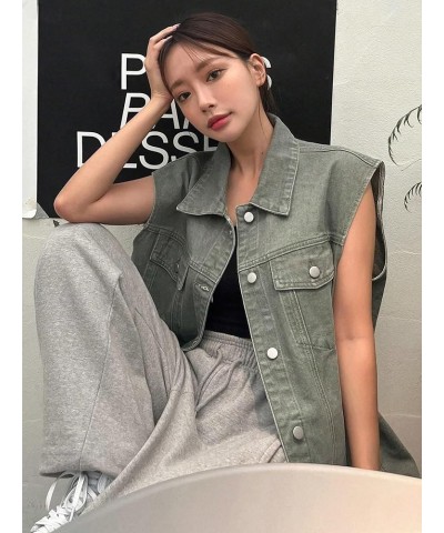 Women's Casual Flap Pocket Cap Sleeve Button Front Denim Vest Jacket Green $20.24 Vests