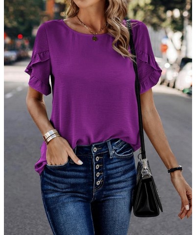 Women's Shirts Summer Casual Crewneck Lace Crochet Short Sleeve Blouses Cute Floral Print Loose Tunic Tops Solid Purple $15.8...