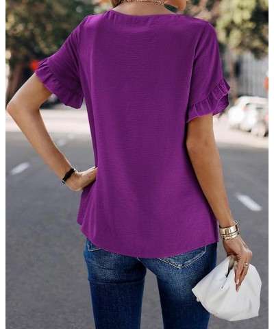 Women's Shirts Summer Casual Crewneck Lace Crochet Short Sleeve Blouses Cute Floral Print Loose Tunic Tops Solid Purple $15.8...