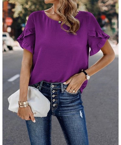 Women's Shirts Summer Casual Crewneck Lace Crochet Short Sleeve Blouses Cute Floral Print Loose Tunic Tops Solid Purple $15.8...