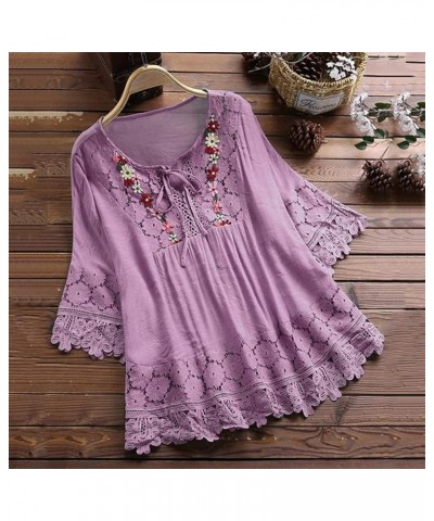 Plus Size Blouse Women Vintage Lace Patchwork Bow V-Neck Embroidery Summer Three Quarter Retro Solid Tops T-Shirt S-5XL A_pur...