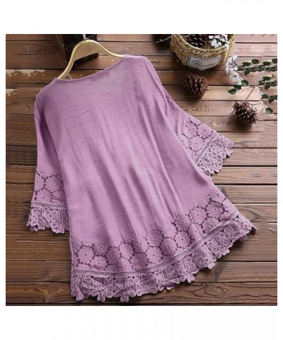 Plus Size Blouse Women Vintage Lace Patchwork Bow V-Neck Embroidery Summer Three Quarter Retro Solid Tops T-Shirt S-5XL A_pur...