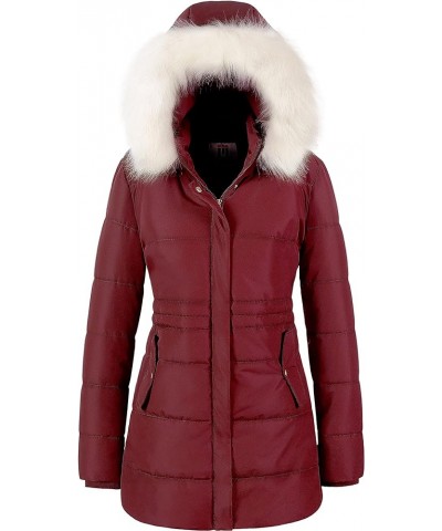 Women's Winter Warm Coats Puffer Jacket Long Drawstring Waterproof Snow Parka With Removable Faux Fur Trim Hood Burgundy $24....