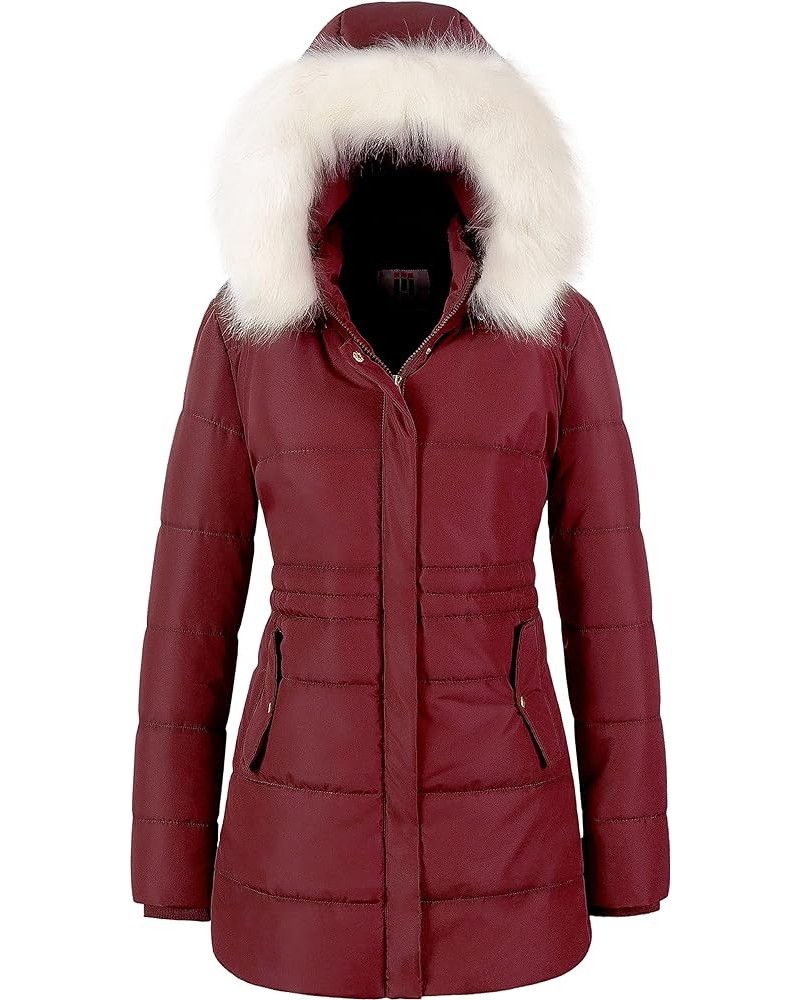 Women's Winter Warm Coats Puffer Jacket Long Drawstring Waterproof Snow Parka With Removable Faux Fur Trim Hood Burgundy $24....