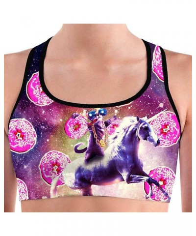 Women's Racerback Print Sport Bra - Fitness Support Workout Running Bras Space Cat Donut $12.50 Lingerie