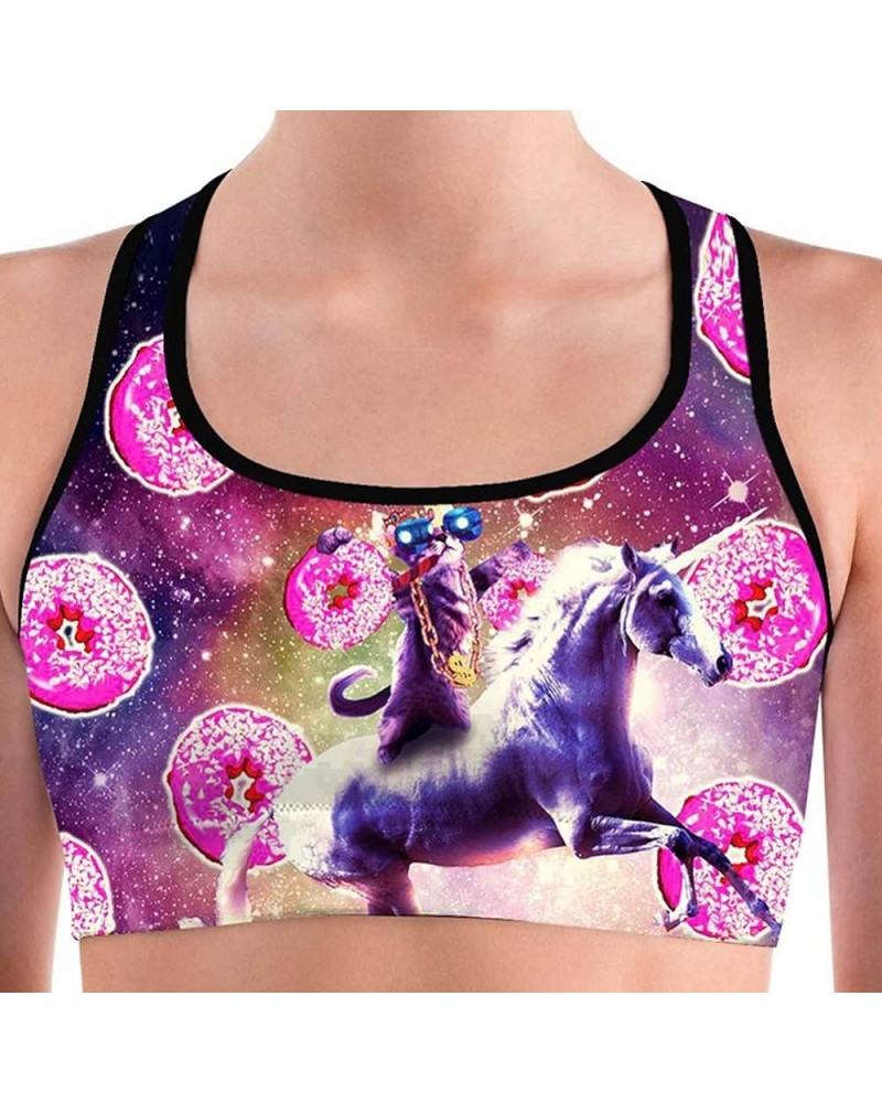 Women's Racerback Print Sport Bra - Fitness Support Workout Running Bras Space Cat Donut $12.50 Lingerie