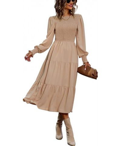 Women Casual Long Sleeve Boho Maxi Dress Crew Neck High Waist Smocked Flowy Tiered Midi Dress Khaki $20.66 Dresses
