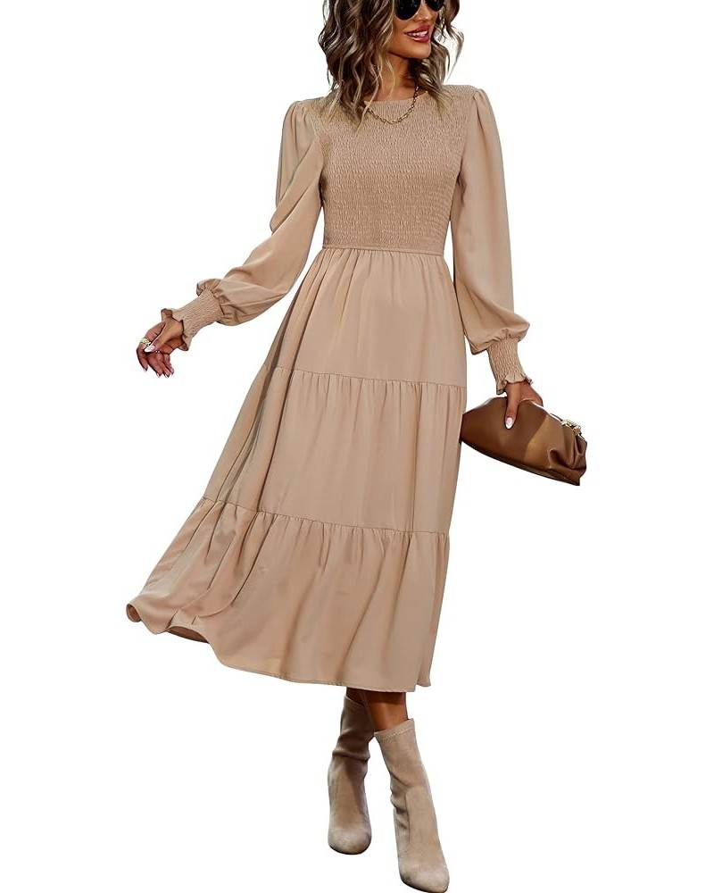 Women Casual Long Sleeve Boho Maxi Dress Crew Neck High Waist Smocked Flowy Tiered Midi Dress Khaki $20.66 Dresses