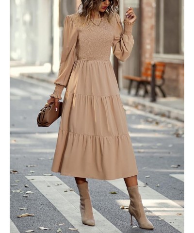 Women Casual Long Sleeve Boho Maxi Dress Crew Neck High Waist Smocked Flowy Tiered Midi Dress Khaki $20.66 Dresses