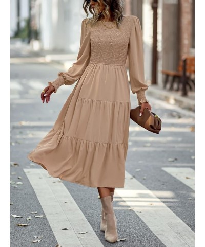 Women Casual Long Sleeve Boho Maxi Dress Crew Neck High Waist Smocked Flowy Tiered Midi Dress Khaki $20.66 Dresses