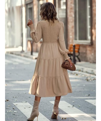 Women Casual Long Sleeve Boho Maxi Dress Crew Neck High Waist Smocked Flowy Tiered Midi Dress Khaki $20.66 Dresses