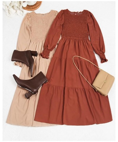 Women Casual Long Sleeve Boho Maxi Dress Crew Neck High Waist Smocked Flowy Tiered Midi Dress Khaki $20.66 Dresses