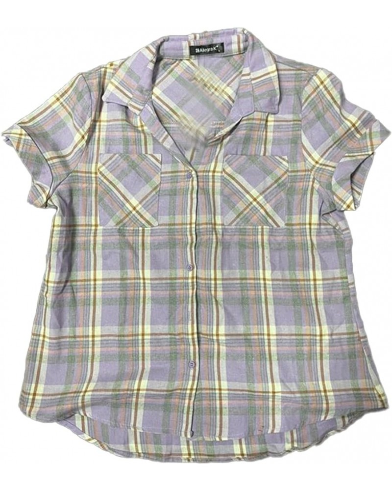 Women's Cotton Classic Button Down Western Plaid Shirt Pastel Purple $14.57 Blouses