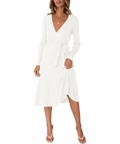 Womens Wrap V Neck Sweater Dress Long Sleeve Pleated Midi Dresses with Belt White $16.66 Dresses
