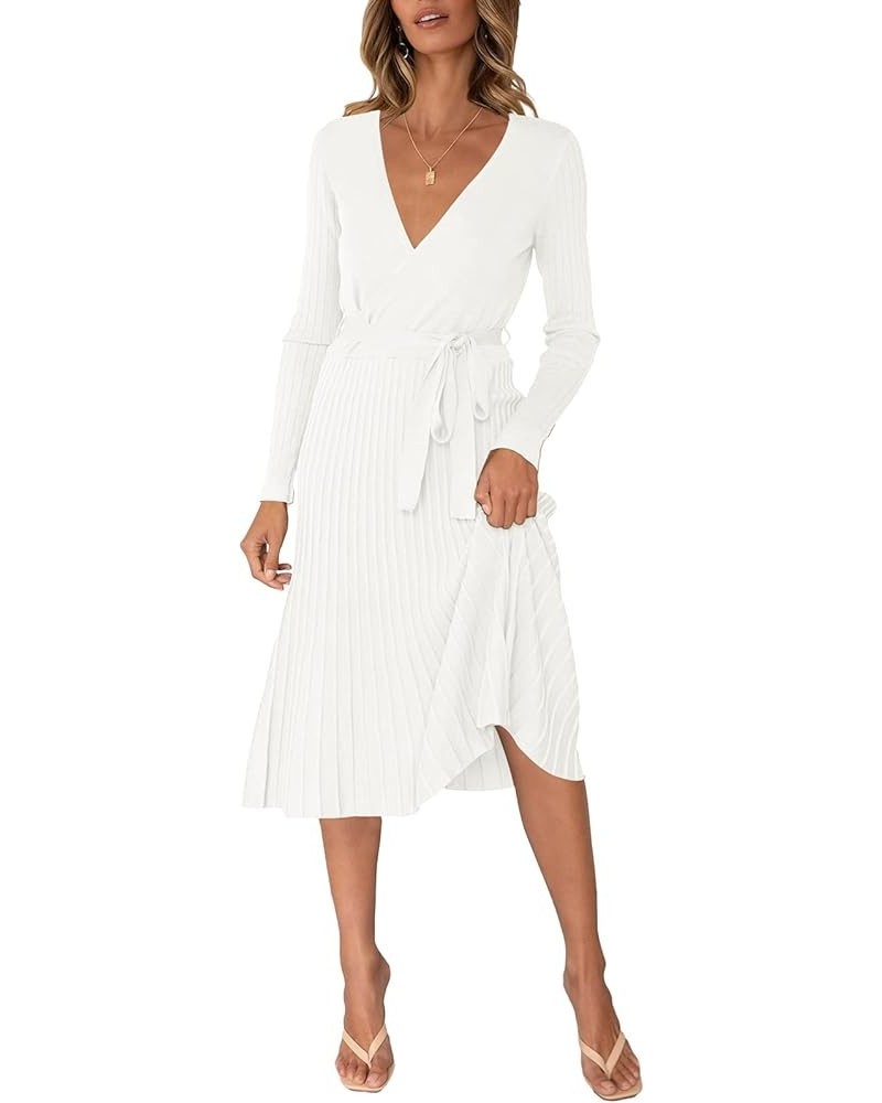 Womens Wrap V Neck Sweater Dress Long Sleeve Pleated Midi Dresses with Belt White $16.66 Dresses