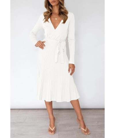 Womens Wrap V Neck Sweater Dress Long Sleeve Pleated Midi Dresses with Belt White $16.66 Dresses