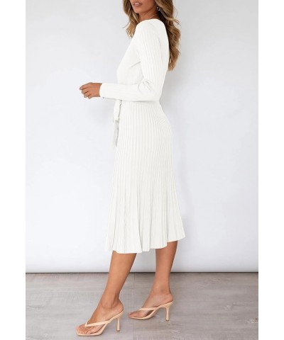 Womens Wrap V Neck Sweater Dress Long Sleeve Pleated Midi Dresses with Belt White $16.66 Dresses