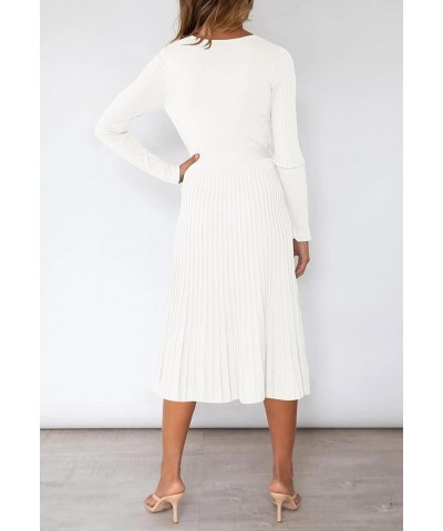 Womens Wrap V Neck Sweater Dress Long Sleeve Pleated Midi Dresses with Belt White $16.66 Dresses