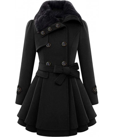 Women's Lapel Pleated Coats Bow Tie Belted Jacket Long Sleeve Button Winter Tweed Coats Black $22.05 Jackets