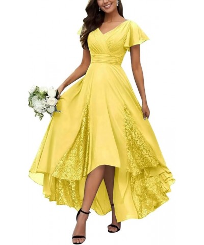 Tea Length Mother of The Bride Dresses for Wedding Ruffle Sleeves Long Chiffon Lace Appliques Evening Gown Yellow $22.95 Dresses