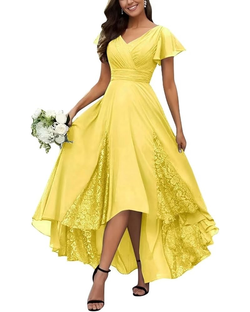 Tea Length Mother of The Bride Dresses for Wedding Ruffle Sleeves Long Chiffon Lace Appliques Evening Gown Yellow $22.95 Dresses