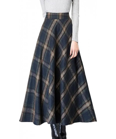 Women's Winter Warm Wool Plaid High Waist A-Line Drape Pleated Maxi Skirts with Pockets Plaid Blue $23.49 Skirts