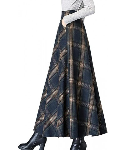 Women's Winter Warm Wool Plaid High Waist A-Line Drape Pleated Maxi Skirts with Pockets Plaid Blue $23.49 Skirts