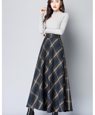 Women's Winter Warm Wool Plaid High Waist A-Line Drape Pleated Maxi Skirts with Pockets Plaid Blue $23.49 Skirts