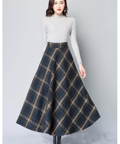 Women's Winter Warm Wool Plaid High Waist A-Line Drape Pleated Maxi Skirts with Pockets Plaid Blue $23.49 Skirts