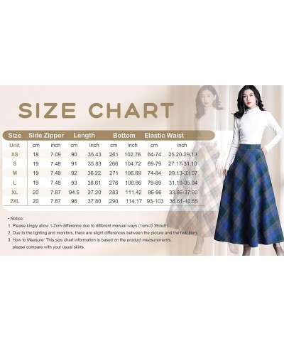 Women's Winter Warm Wool Plaid High Waist A-Line Drape Pleated Maxi Skirts with Pockets Plaid Blue $23.49 Skirts