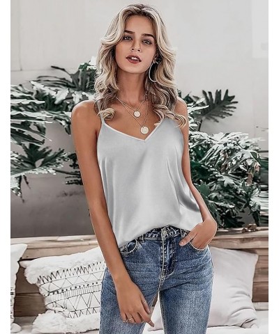 Womens Silk Satin Tank Tops V Neck Camisole Cami Spaghetti Strap Top Summer Basic Blouse Misty Grey $9.20 Tops