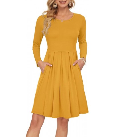 Women's Long Sleeve Pleated Loose Swing Casual Dress with Pockets Knee Length 01-mustard Yellow $18.89 Dresses