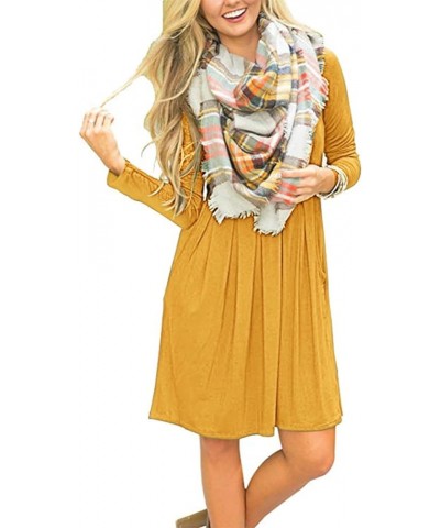 Women's Long Sleeve Pleated Loose Swing Casual Dress with Pockets Knee Length 01-mustard Yellow $18.89 Dresses