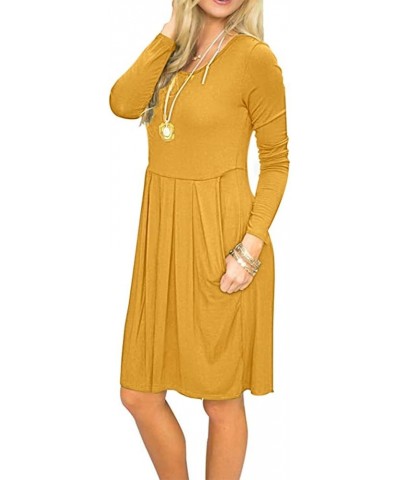 Women's Long Sleeve Pleated Loose Swing Casual Dress with Pockets Knee Length 01-mustard Yellow $18.89 Dresses