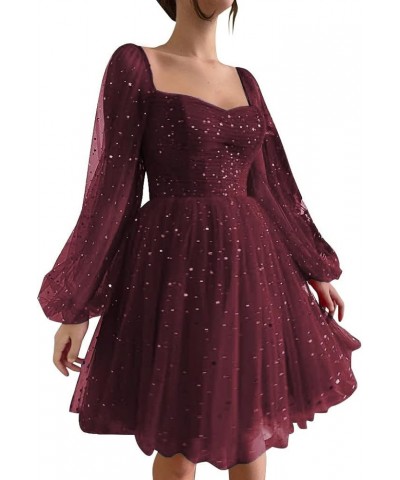 Sparkly Starry Tulle Prom Dress Short Puffy Sleeve Homecoming Dresses Glitter Formal Evening Party Gown C Burgundy $26.40 Dre...