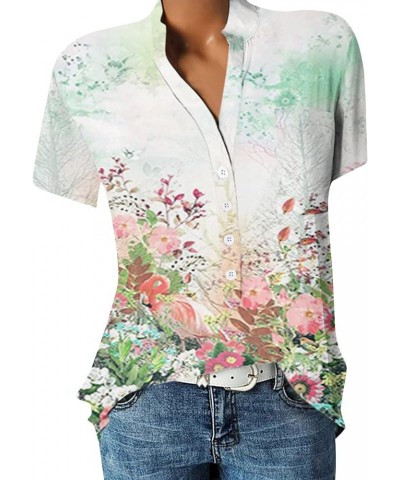 Women Button Down Henley Shirts Short Sleeve Boho Blouses V Neck Vintage Floral Trendy Tunic Tops with Pocket 05-green $7.35 ...