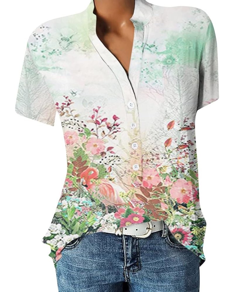 Women Button Down Henley Shirts Short Sleeve Boho Blouses V Neck Vintage Floral Trendy Tunic Tops with Pocket 05-green $7.35 ...