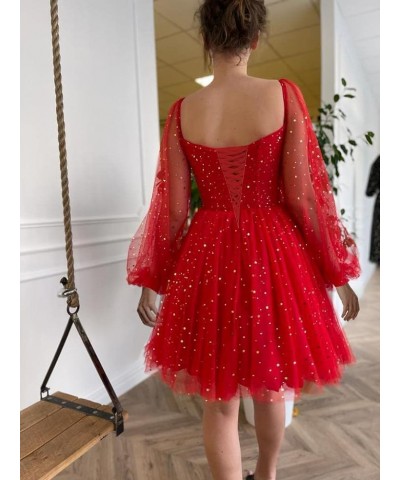 Sparkly Starry Tulle Prom Dress Short Puffy Sleeve Homecoming Dresses Glitter Formal Evening Party Gown C Burgundy $26.40 Dre...