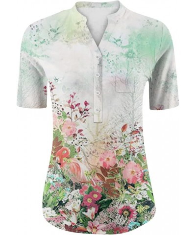 Women Button Down Henley Shirts Short Sleeve Boho Blouses V Neck Vintage Floral Trendy Tunic Tops with Pocket 05-green $7.35 ...