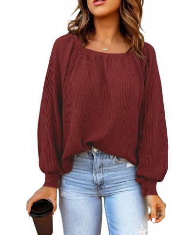Womens Square Neck Tops Casual Long Sleeve Waffle Knit Shirts Pullover Blouse Red $16.10 Tops