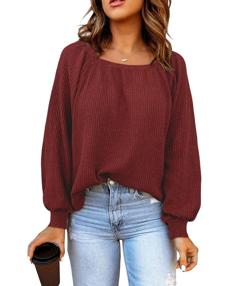 Womens Square Neck Tops Casual Long Sleeve Waffle Knit Shirts Pullover Blouse Red $16.10 Tops