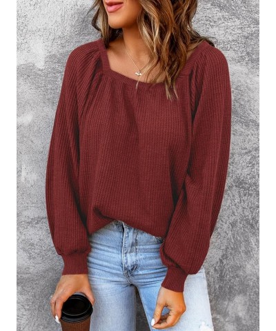 Womens Square Neck Tops Casual Long Sleeve Waffle Knit Shirts Pullover Blouse Red $16.10 Tops