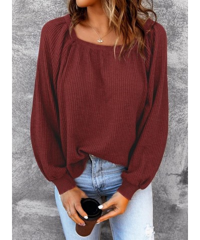 Womens Square Neck Tops Casual Long Sleeve Waffle Knit Shirts Pullover Blouse Red $16.10 Tops