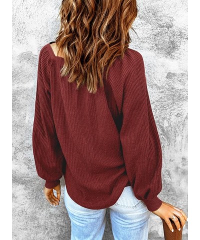 Womens Square Neck Tops Casual Long Sleeve Waffle Knit Shirts Pullover Blouse Red $16.10 Tops