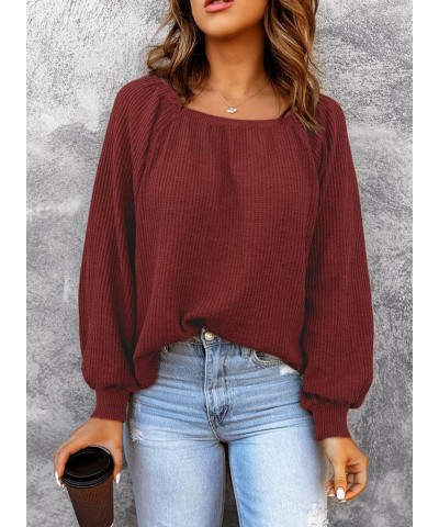 Womens Square Neck Tops Casual Long Sleeve Waffle Knit Shirts Pullover Blouse Red $16.10 Tops