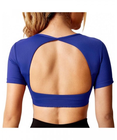 Ultimate Crop Tops for Women Open Back Short Sleeve Top Backless Tops Padded Workout T Shirt Top 1 Blue $13.80 Activewear