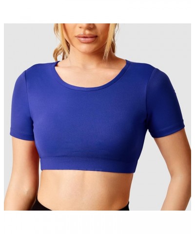 Ultimate Crop Tops for Women Open Back Short Sleeve Top Backless Tops Padded Workout T Shirt Top 1 Blue $13.80 Activewear