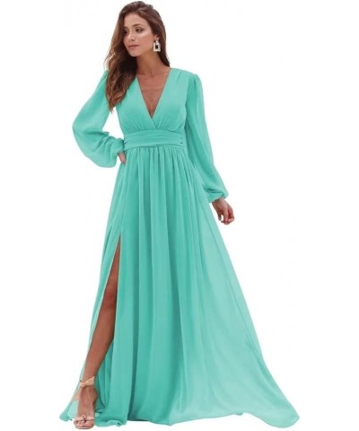 Women's Long Sleeve Bridesmaid Dresses with Slit Long Ruched Formal Evening Party Gown Turquoise $33.54 Dresses